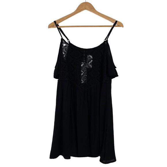 LF Millau Women’s Size Small Black Lace Sheer Bodice Cold Shoulder Mini Dress - Picture 2 of 12